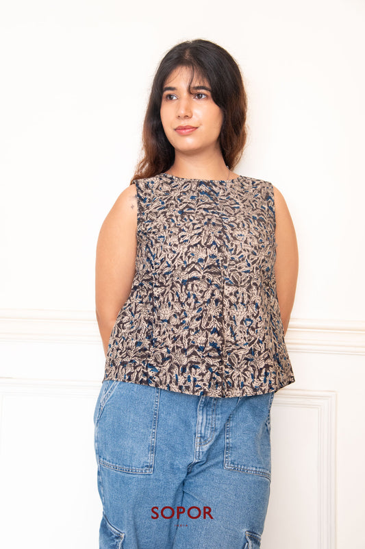 Vana : Brown / Blue Pedana Kalamkari Cotton Boxy Top