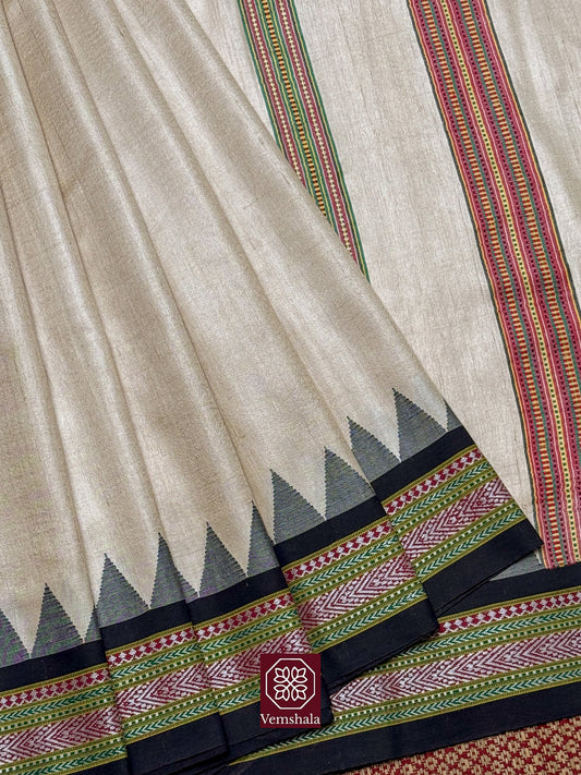 Natural / Black Karvati Kinar Tussar Silk Vidarbha Saree