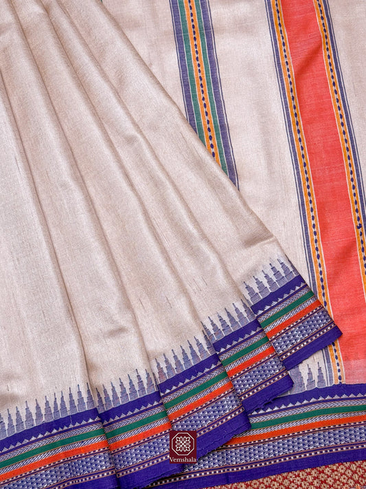 Natural / Blue / Multi Karvati Kinar Tussar Silk Vidarbha Saree