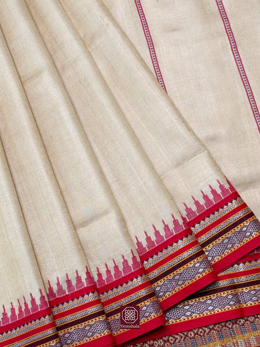 Natural / Red Karvati Kinar Tussar Silk Vidarbha Saree