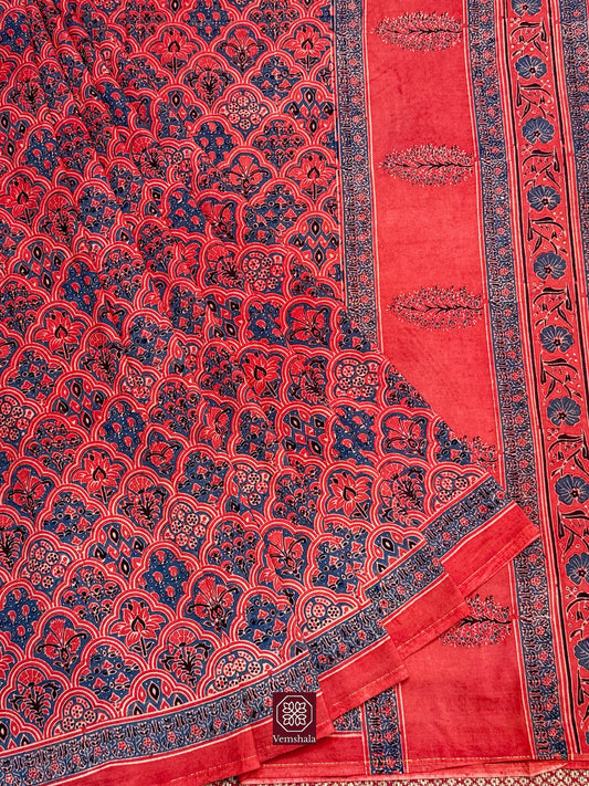 Red / Indigo Ajrakh Hand Block Cotton Saree
