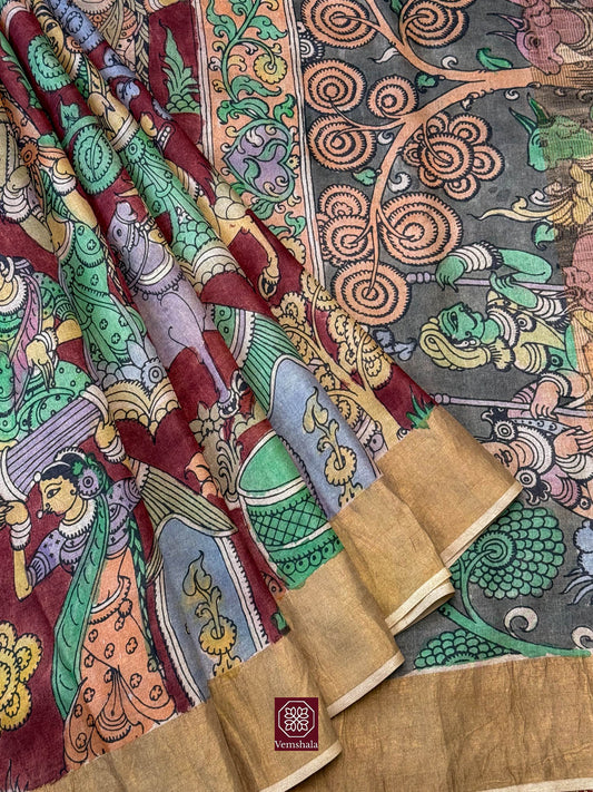 Maroon / Multi Motiffs (Village) Pen Kalamkari Tussar Silk Saree