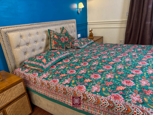 Sanganeri Floral Cotton Bedsheet - Sap Green