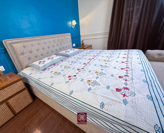 Sanganeri Floral Cotton Bedsheet - White