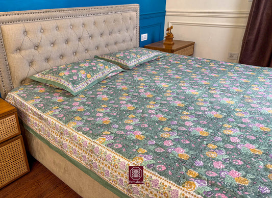Sanganeri Hand Block Print Cotton Bedsheet - Green