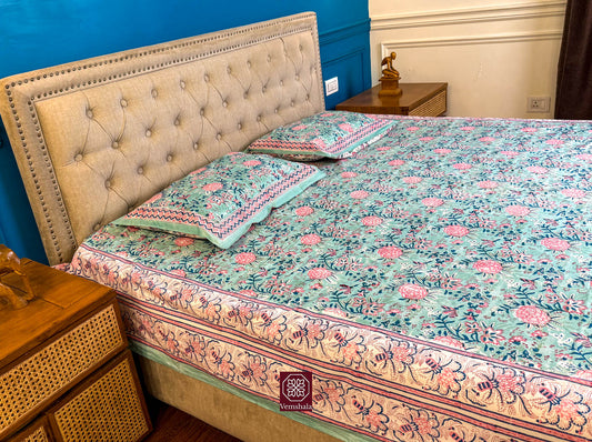 Sanganeri Hand Block Print Cotton Bedsheet - Emerald Green / Multi