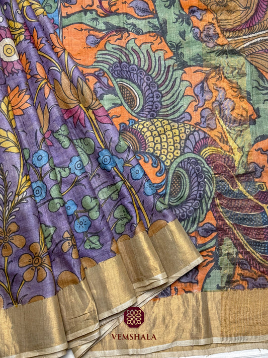 Lavender / Multi Pen Kalamkari Tussar Silk Saree : Anjana