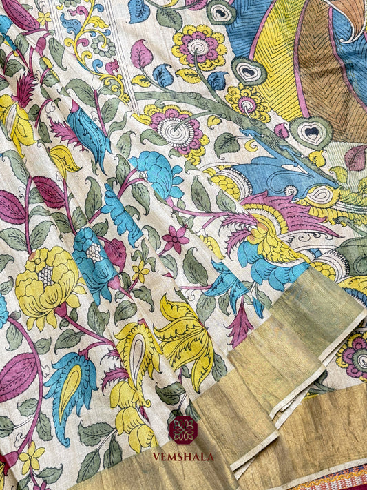 Natural / Multi / Floral Pen Kalamkari Tussar Silk Saree : Monica