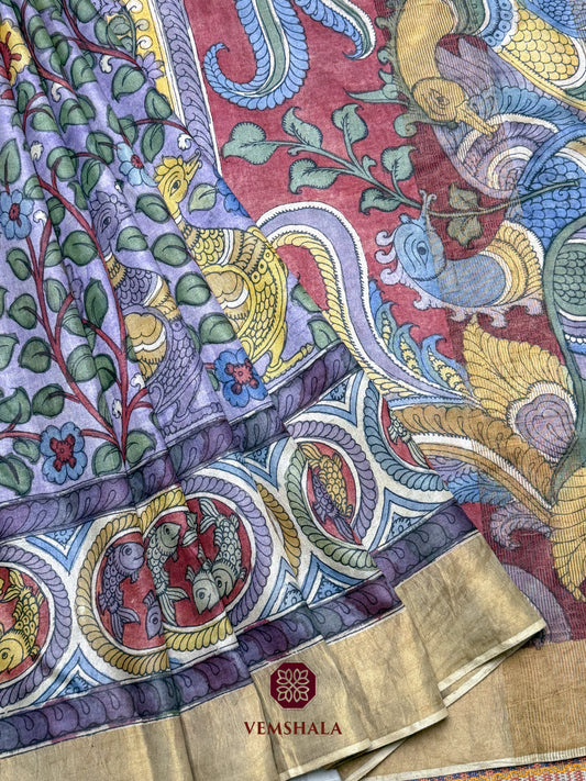 Dusty Blue Grey / Multi Floral Pen Kalamkari Tussar Silk Saree : Aarti
