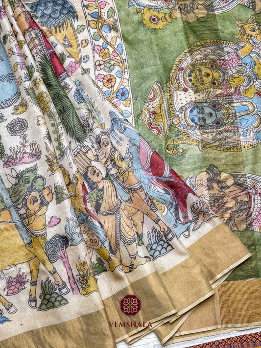 Village motif Pen Kalamkari Tussar Silk Saree : Aesha