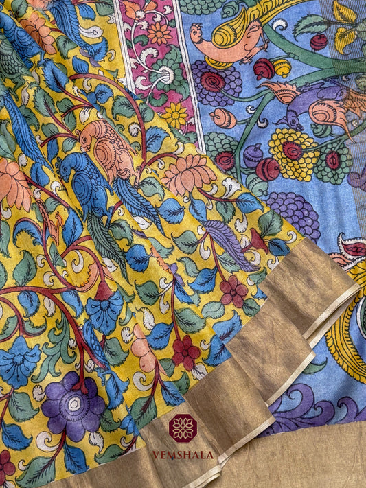 Mustard Yellow / Blue Pen Kalamkari Tussar Silk Saree : Jiya
