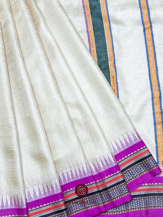 Natural / Pink Karvati Kinar Tussar Silk Vidarbha Saree