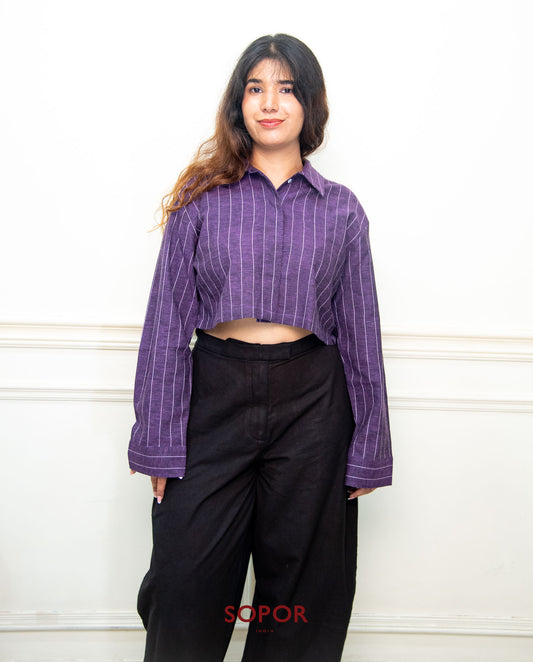 Murasaki : Purple Stripe Cotton Linen Crop Shirt