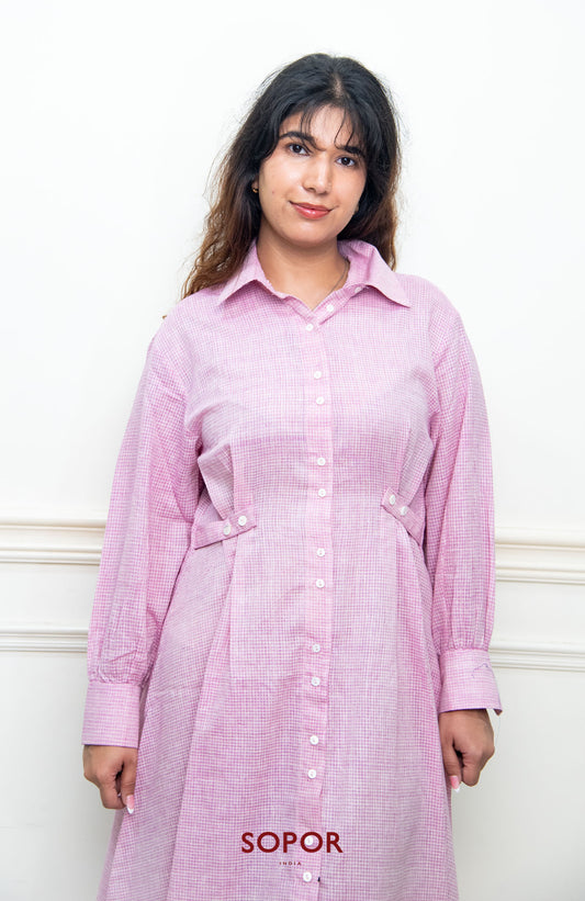 Anthea : Flushing Pink Checks Handloom Cotton Long Shirt Dress