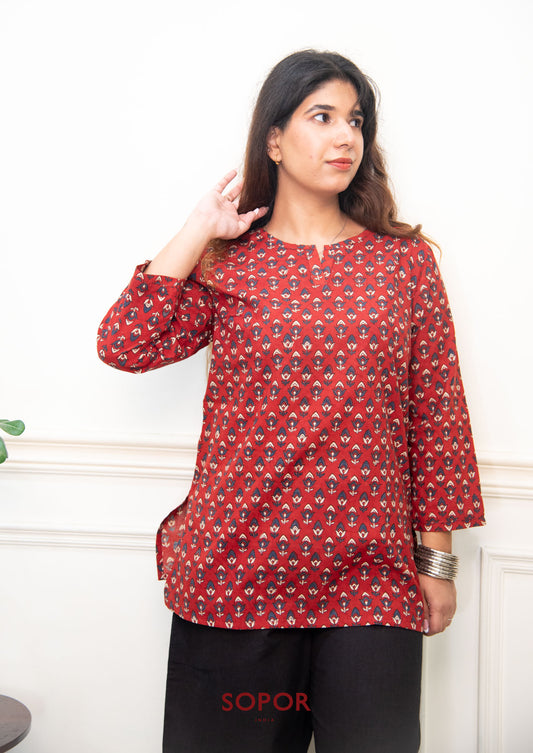 Ruhi : Red Ajrakh Teardrop Short Kurti