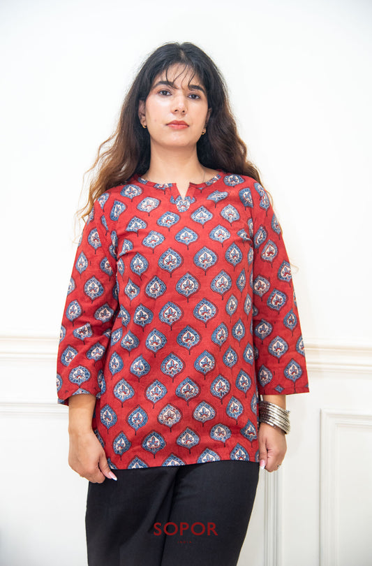 Tamra : Red Ajrakh Cotton Short Kurti
