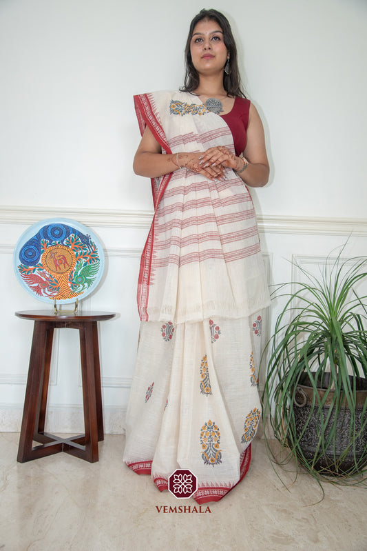 Ecru / Maroon Ponduru Handblock Printed Cotton Saree - Shree