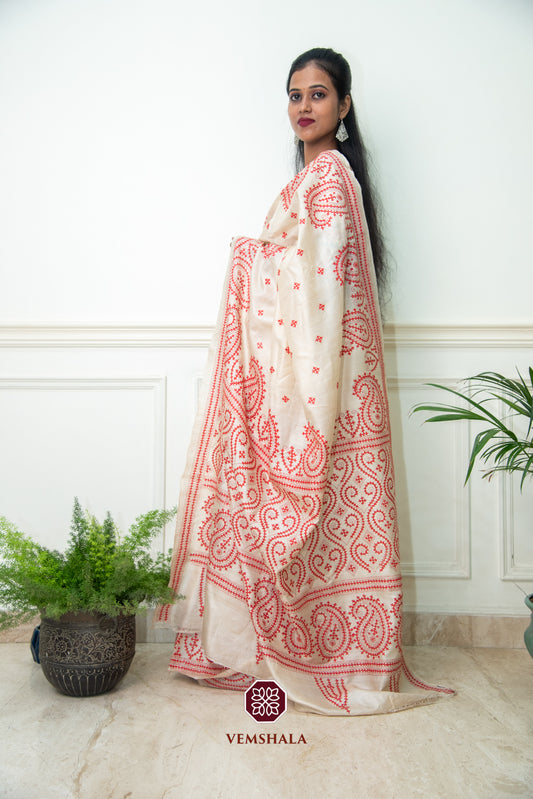 Natural / Red Color Tussar Silk Sindhi Hand Embroidered Saree