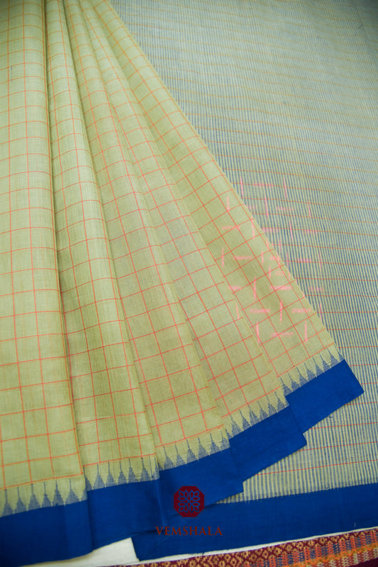 Beige Soft Green / Blue Ponduru Cotton Saree