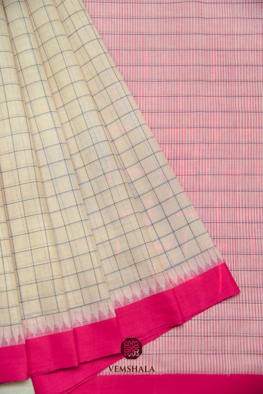 Beige / Pink Ponduru Cotton Saree