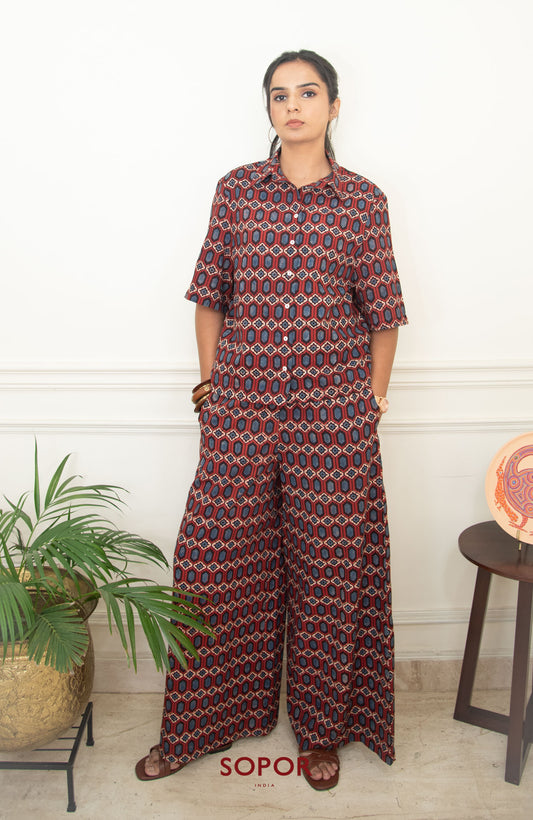 Urania : Red / Blue Ajrakh Cotton Co-Ord Set
