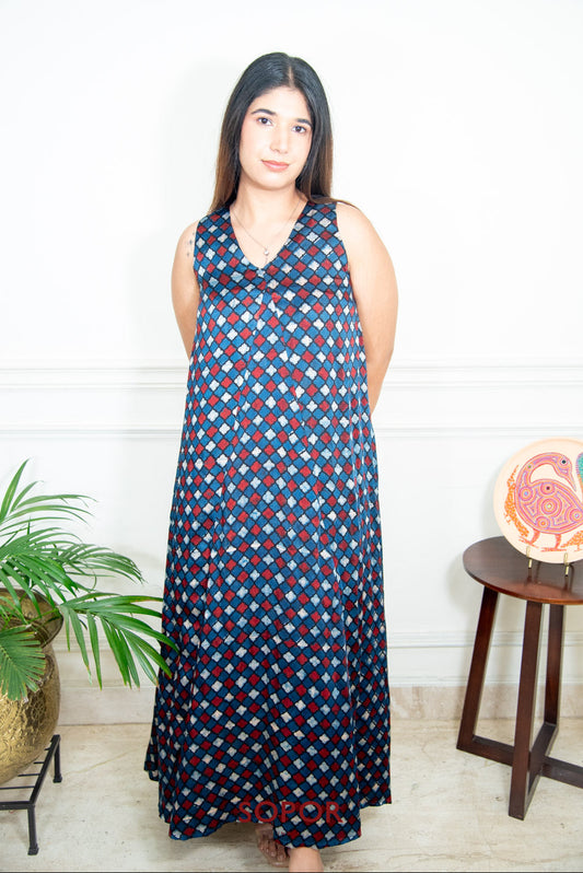 Helen : Blue / Red / Ecru Long Godet Dress