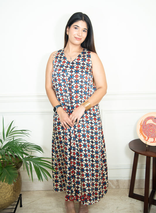 Irene : Ivory / Red / Blue Long Godet Dress