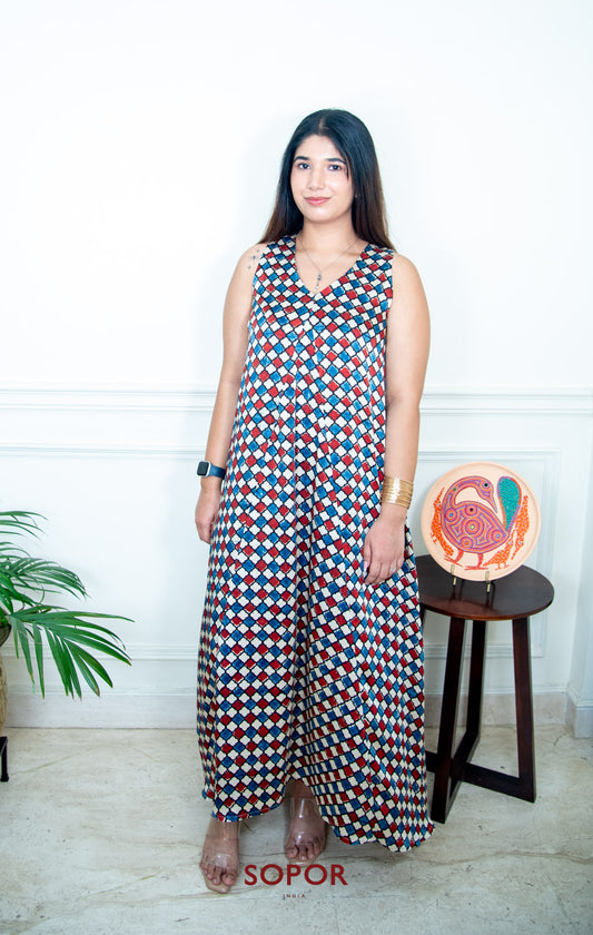 Malika : Ivory /Blue / Red Long Godet Dress