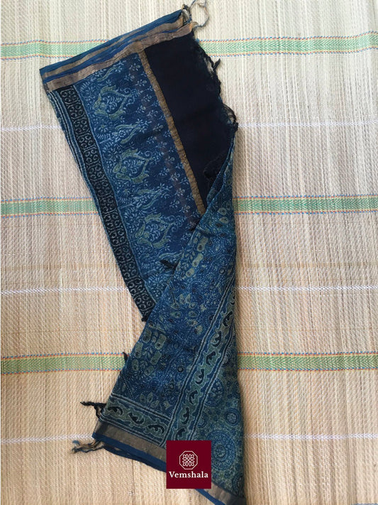 Indigo /Green/ Black Kota Cotton Ajrakh Dupatta - Vemshala