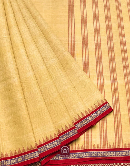 Marigold / Amber Red Ponduru Cotton Saree - Vemshala