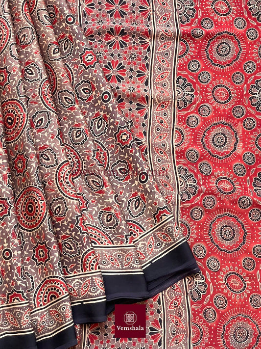 Mocha / Red Ajrakh Modal Silk Saree : Devatara