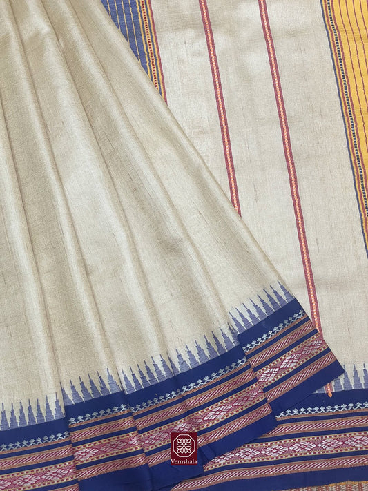 Natural / Blue / Yellow Karvati Kinar Tussar Vidarbha Saree - Vemshala