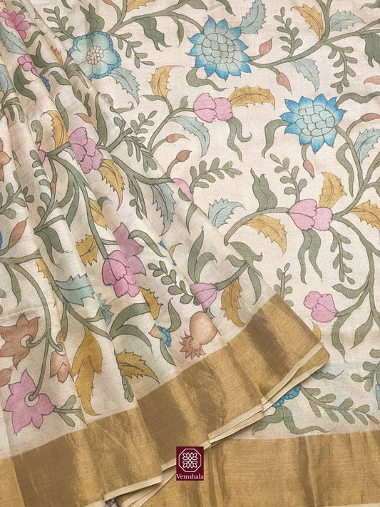 Natural / Gold Pen Kalamkari Tussar Silk Saree - Vemshala