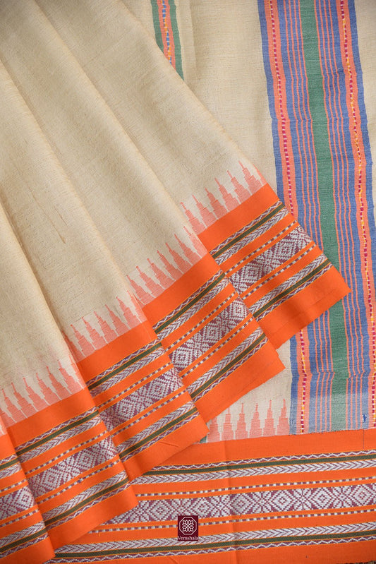 Natural / Orange / Blue / Karvati Kinar Tussar Saree - Vemshala