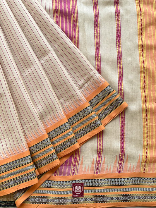 Natural /Pink/ Peach Karvati Kinar Tussar Vidarbha Silk Saree - Vemshala