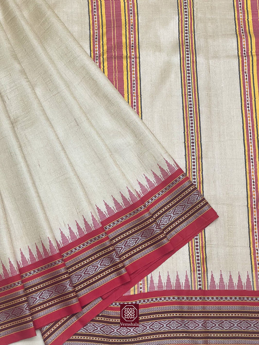 Natural / Watermelon Red / Yellow Karvati Kinar Tussar Vidarbha Saree - Vemshala