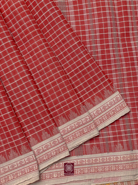 Red Checks Ponduru Cotton Saree - Vemshala