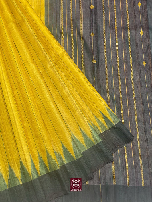 Sunflower Yellow / Teal Gopalpur Tussar Silk Saree - Vemshala