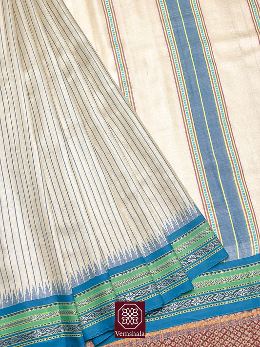 Natural / Magenta Pink with Stripes Karvati Kinar Tussar Saree