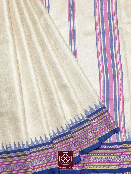 Natural / Blue / Pink Karvati Kinar Tussar Saree