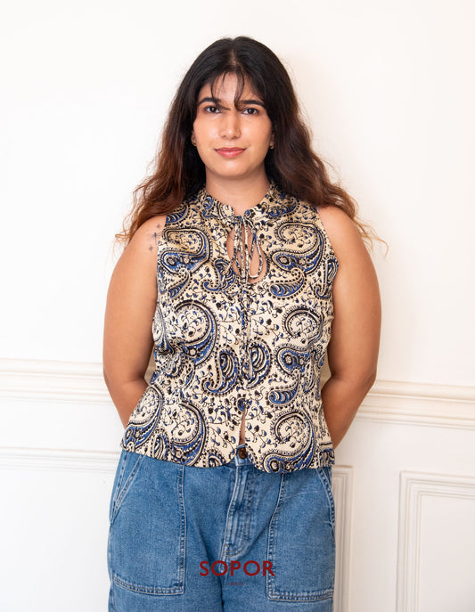Sophia: Cream - Beige / Blue Paisley Pearl Drop Neck Corset Top