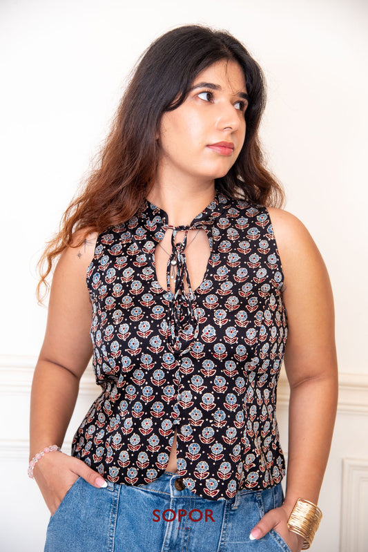 Nora: Black / Blue Floral Pearl Drop Neck Corset Top