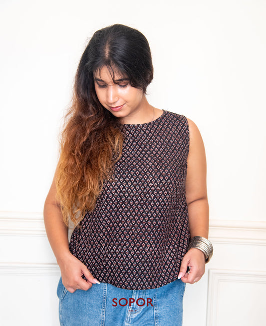 Syama : Black Ajrakh Boxy Top