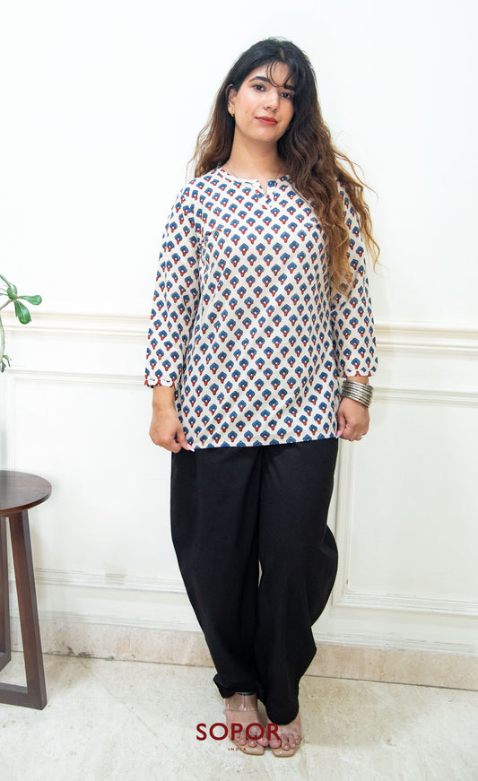 Kalika : Ecru Red / Blue Ajrakh Cotton Short Kurti