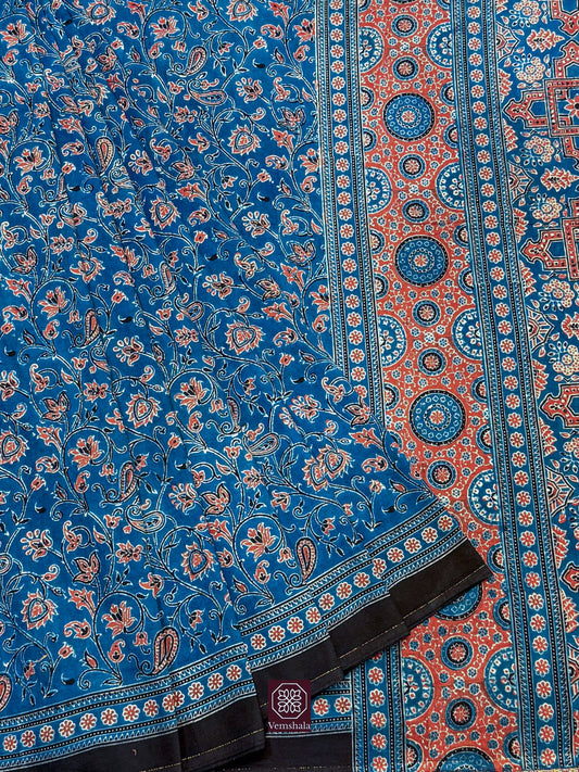 Indigo / Redi Ajrakh Hand Block Cotton Saree : Aditi