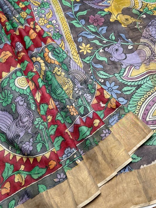 Red Floral Pen Kalamkari Tussar Silk Saree : Mahee