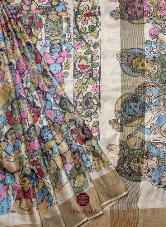 Natural / Figurine Pen Kalamkari Tassar Silk Saree : Sarla