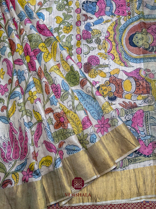 Natural / Multi Pen Kalamkari Tussar Silk Saree : Juhi