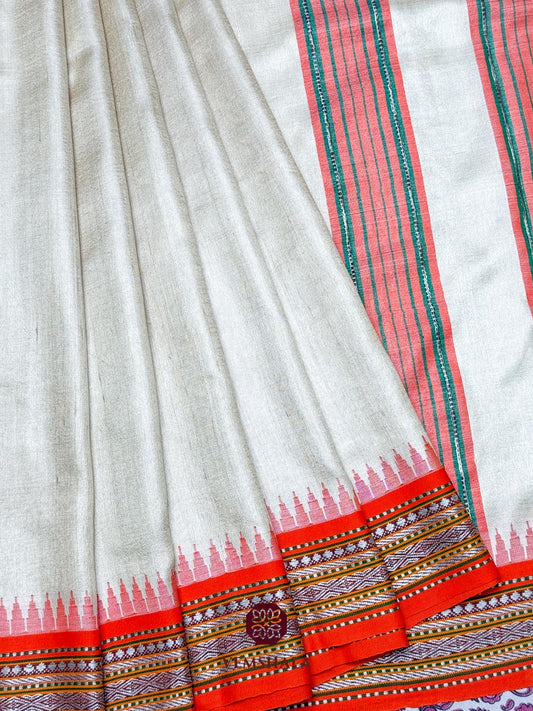 Natural / Orange Karvati Kinar Tussar Silk Vidarbha Saree