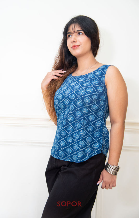 Jaalini : Indigo Medallion Sleeveless Top
